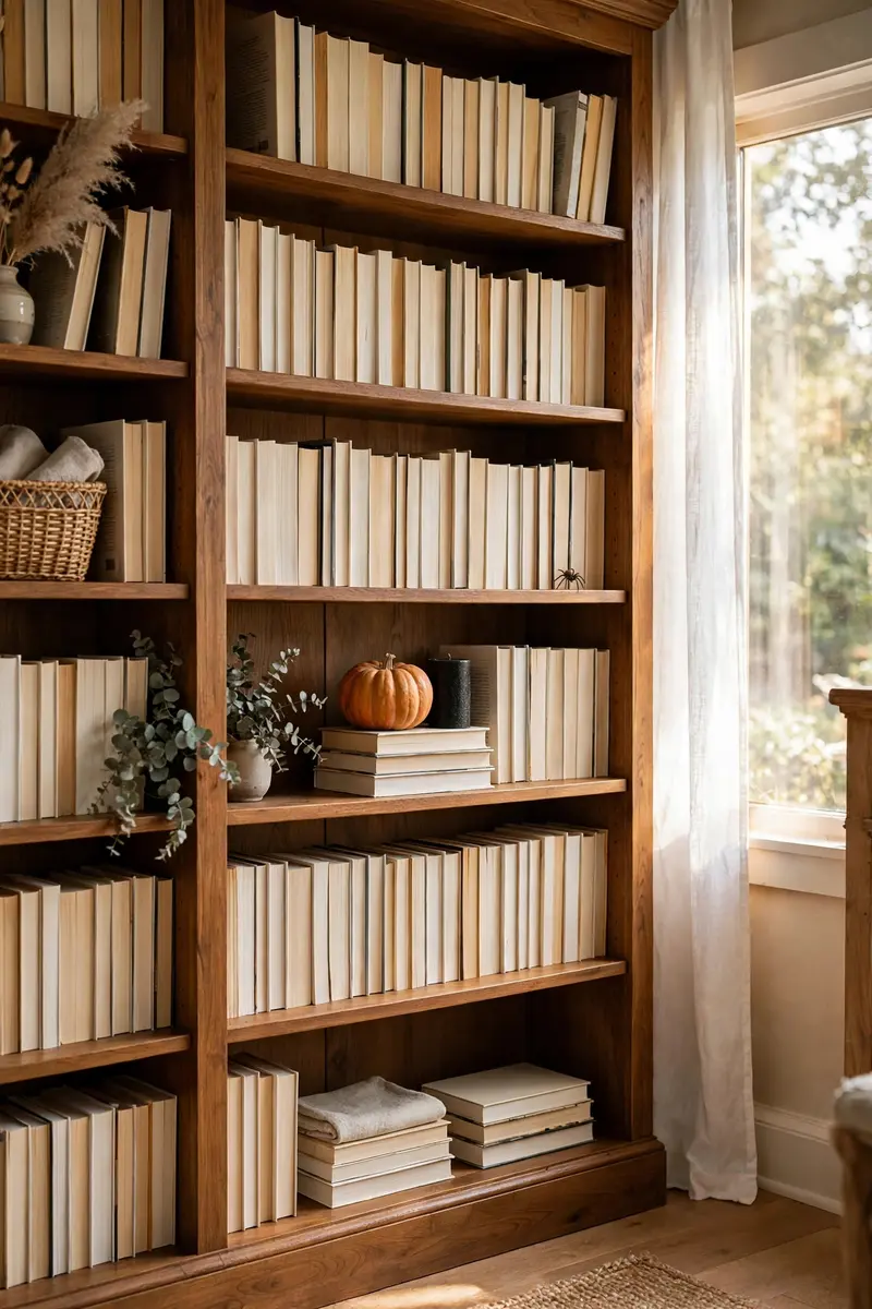 Halloween shelf decor idea 4: tall bookshelf decorated with pumpkins for Halloween