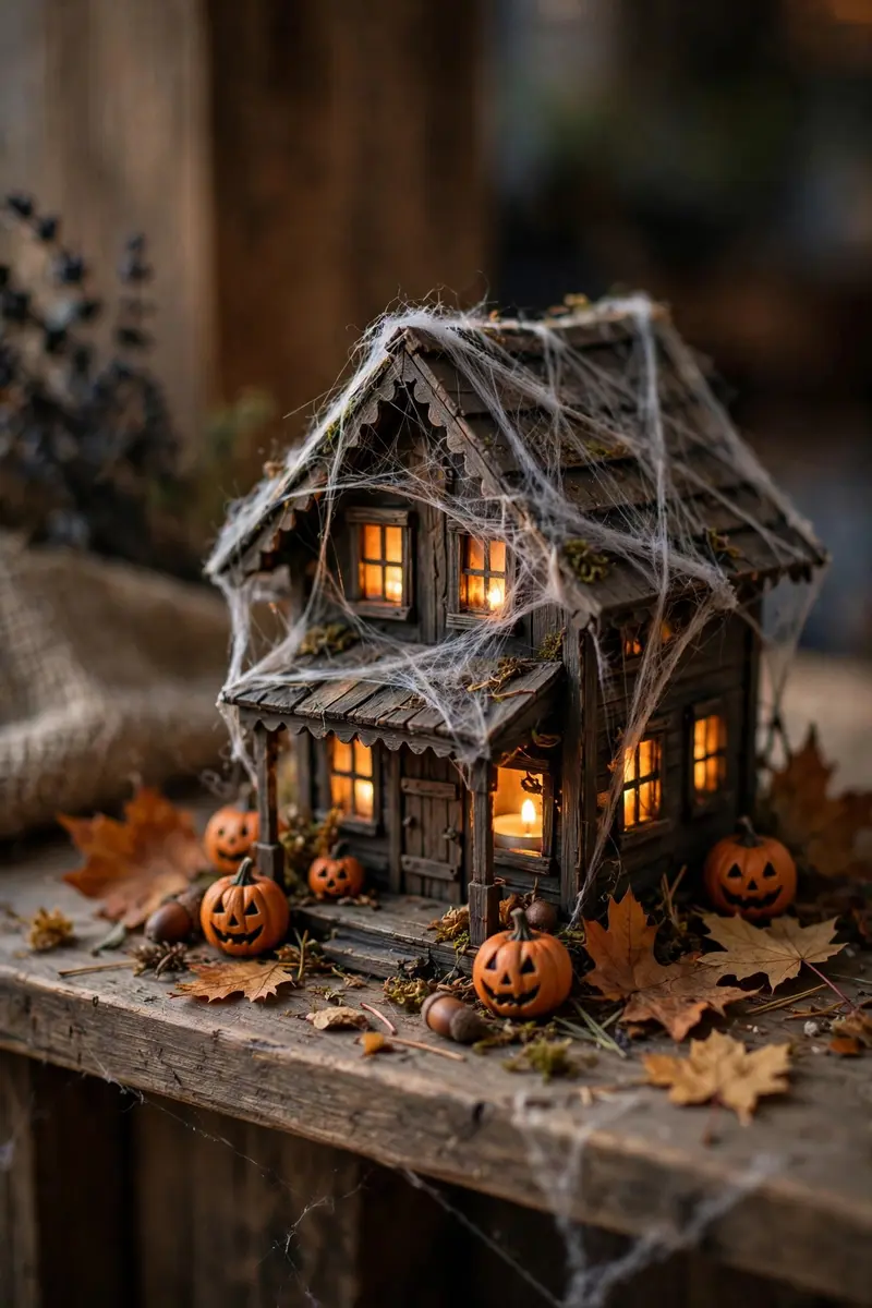 Halloween shelf decor idea 5: miniature haunted house with cobwebs on a shelf