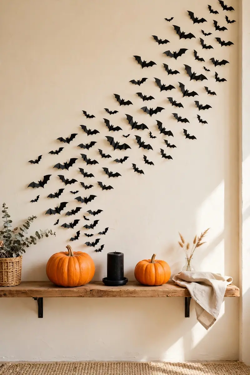 Halloween shelf decor idea 6: black bat wall decals swarming above a shelf