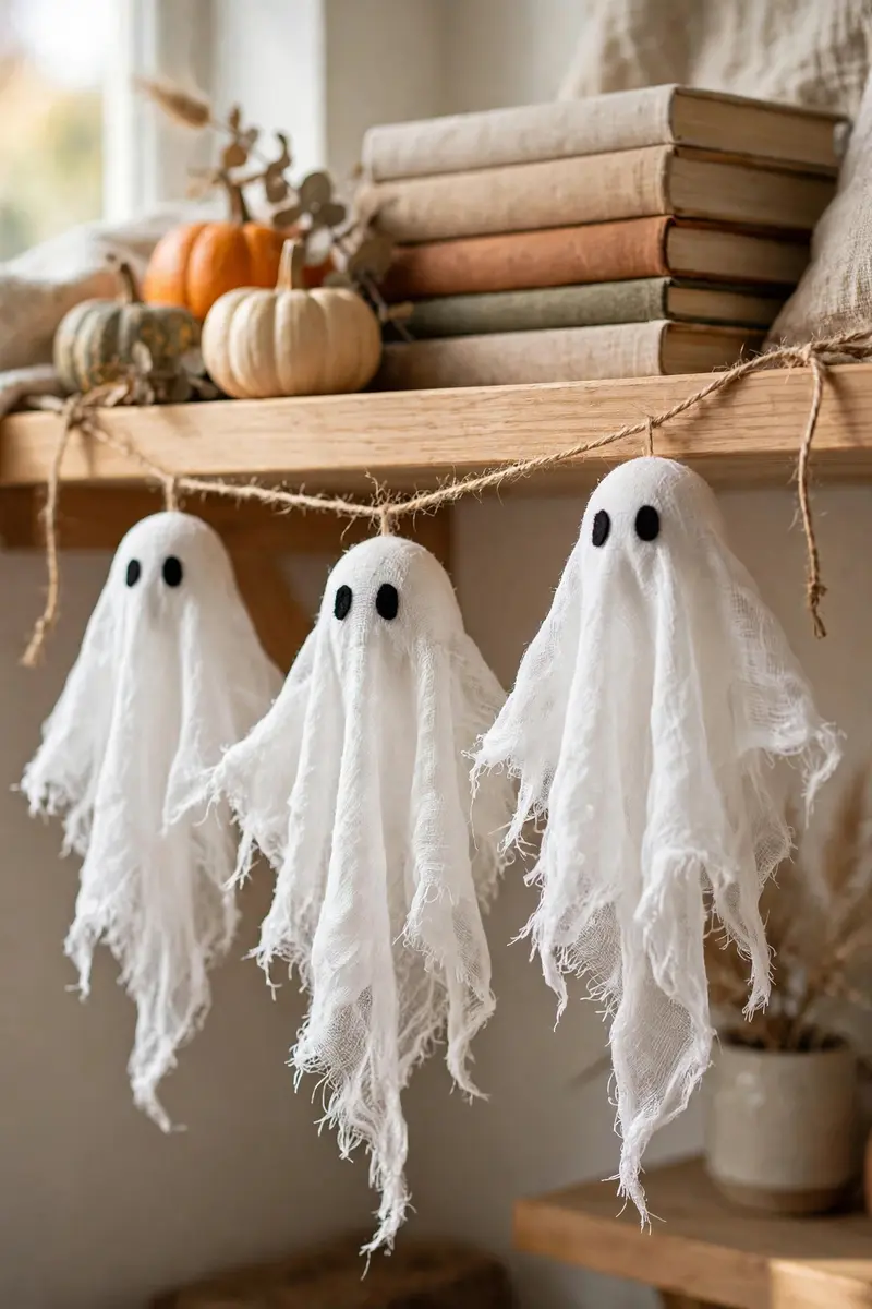 Halloween shelf decor idea 7: white cheesecloth ghosts hanging on a wooden shelf