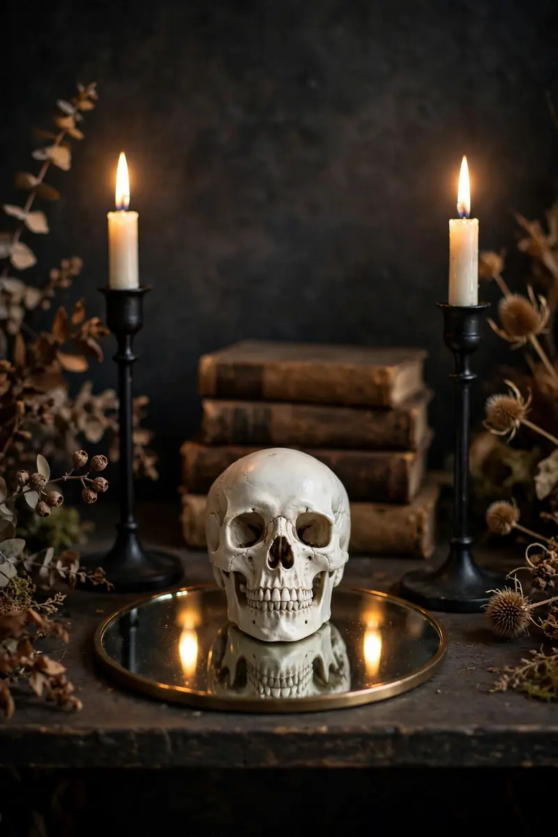 Halloween shelf decor idea 8: skull with stacked books and lit candles on a shelf
