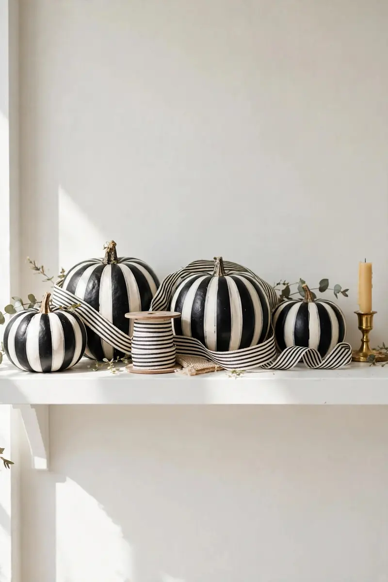 Halloween shelf decor idea 9: black and white striped pumpkins on a shelf