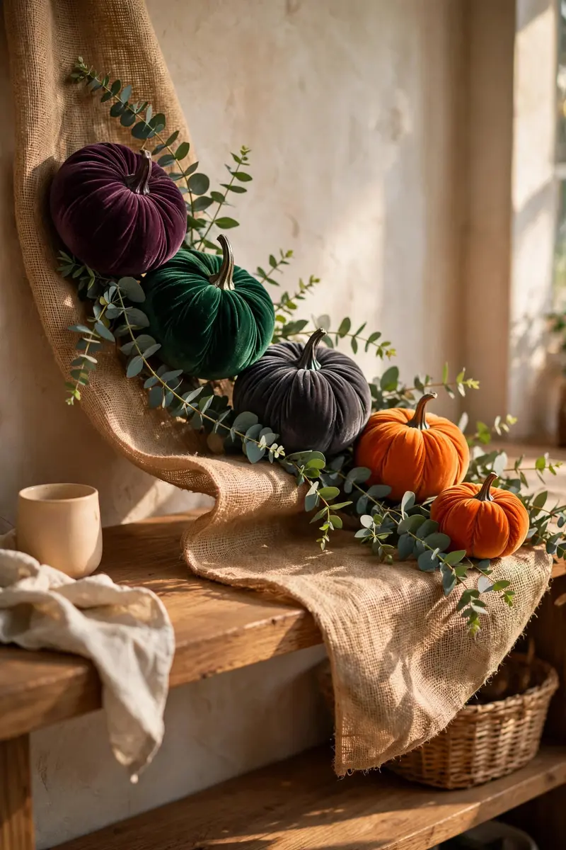 Halloween shelf decor idea 10: pumpkin floral arrangement with dark blooms on a shelf