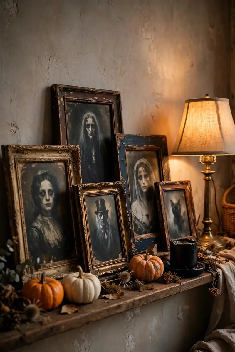 Halloween shelf decor idea 11: vintage spooky portrait frames on a shelf with a lamp