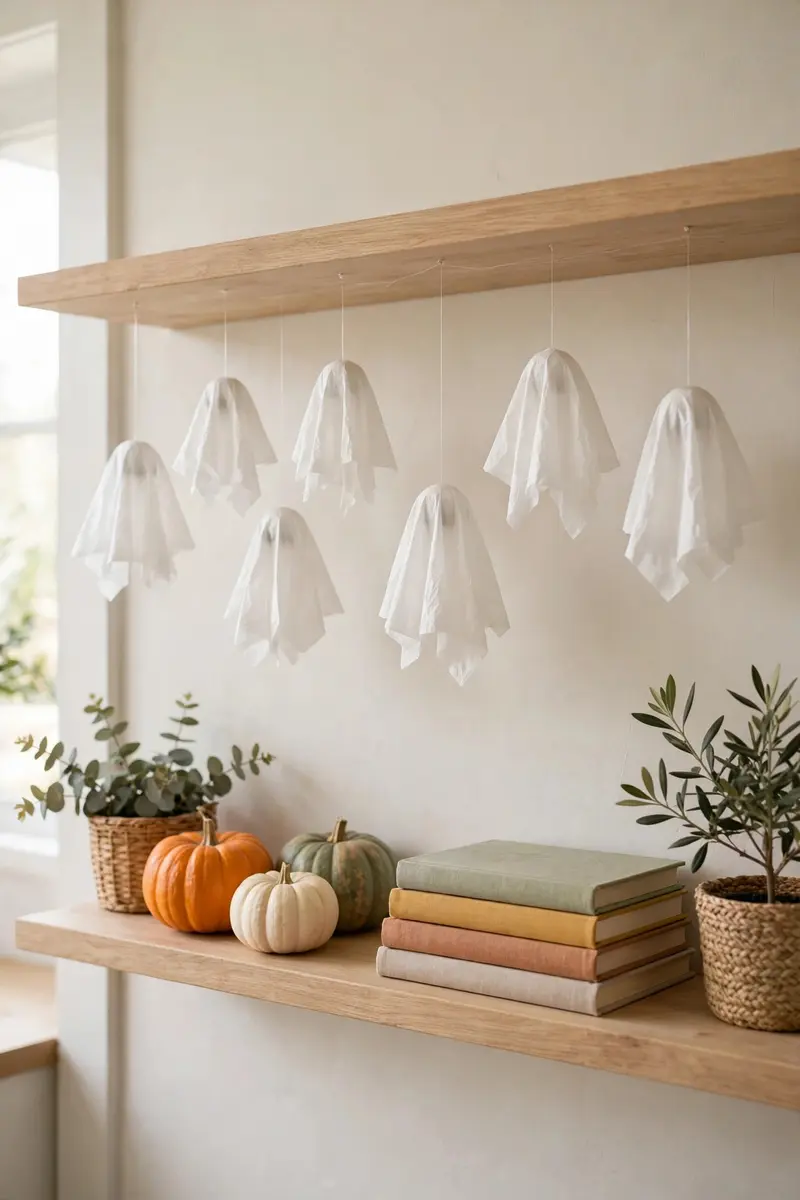 Halloween shelf decor idea 12: hanging white ghost decorations above a shelf