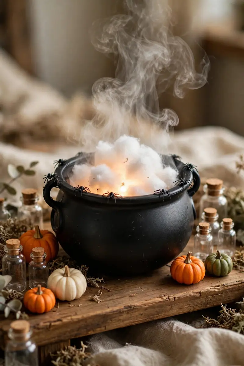 Halloween shelf decor idea 13: smoking black cauldron on a shelf