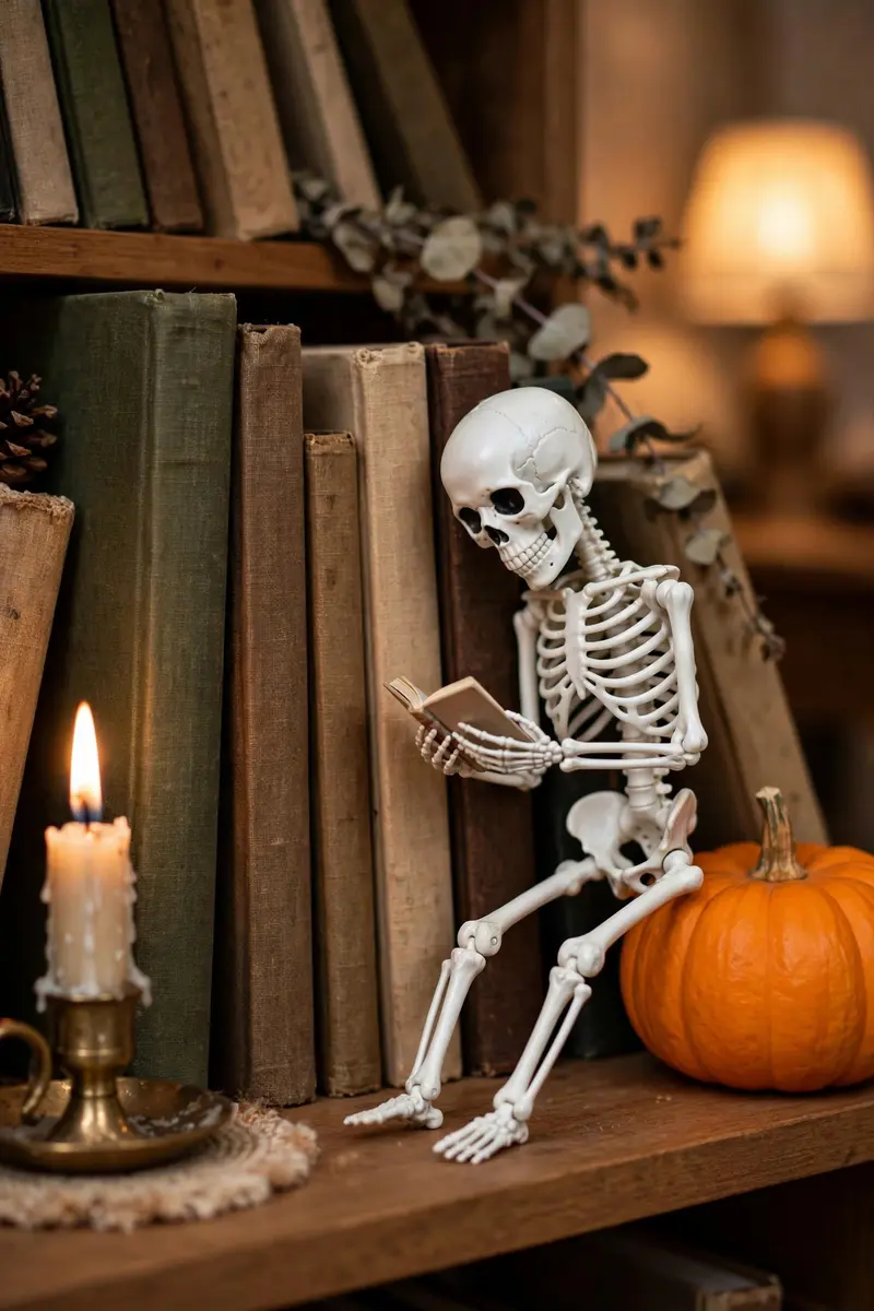 Halloween shelf decor idea 14: mini skeleton leaning on stacked books on a shelf