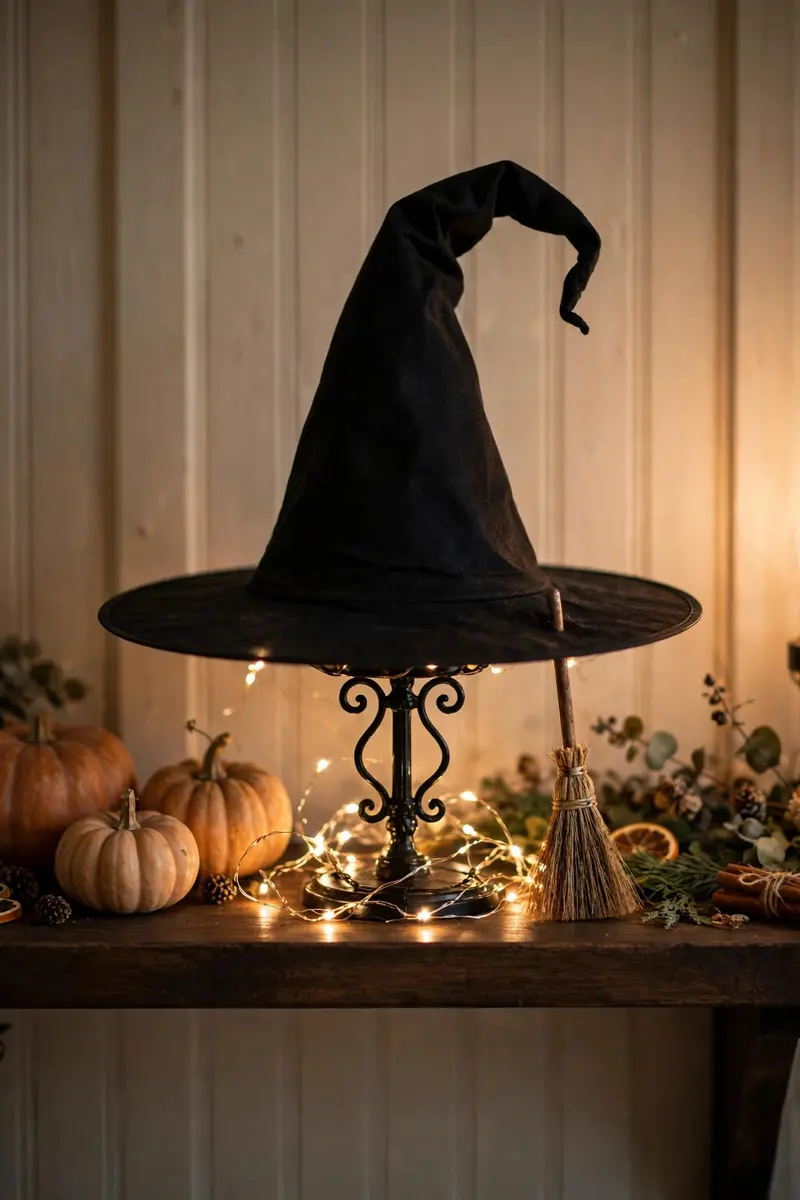 Halloween shelf decor idea 15: witch hat displayed on a stand on a shelf