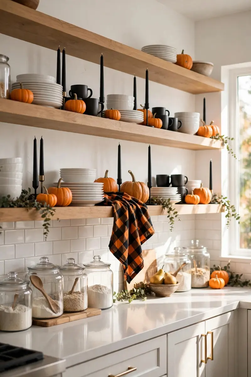 Halloween shelf decor idea 16: floating shelves styled with pumpkins and fall garland