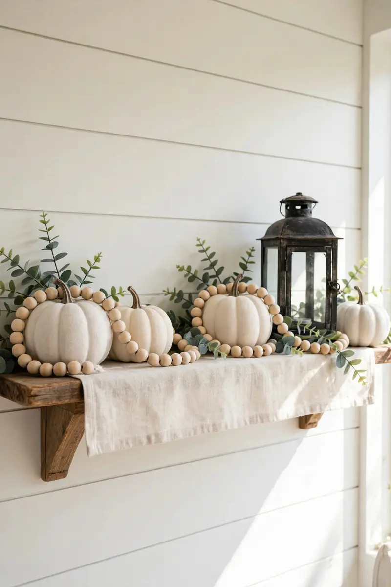 Halloween shelf decor idea 17: white pumpkins and black lantern on a shelf