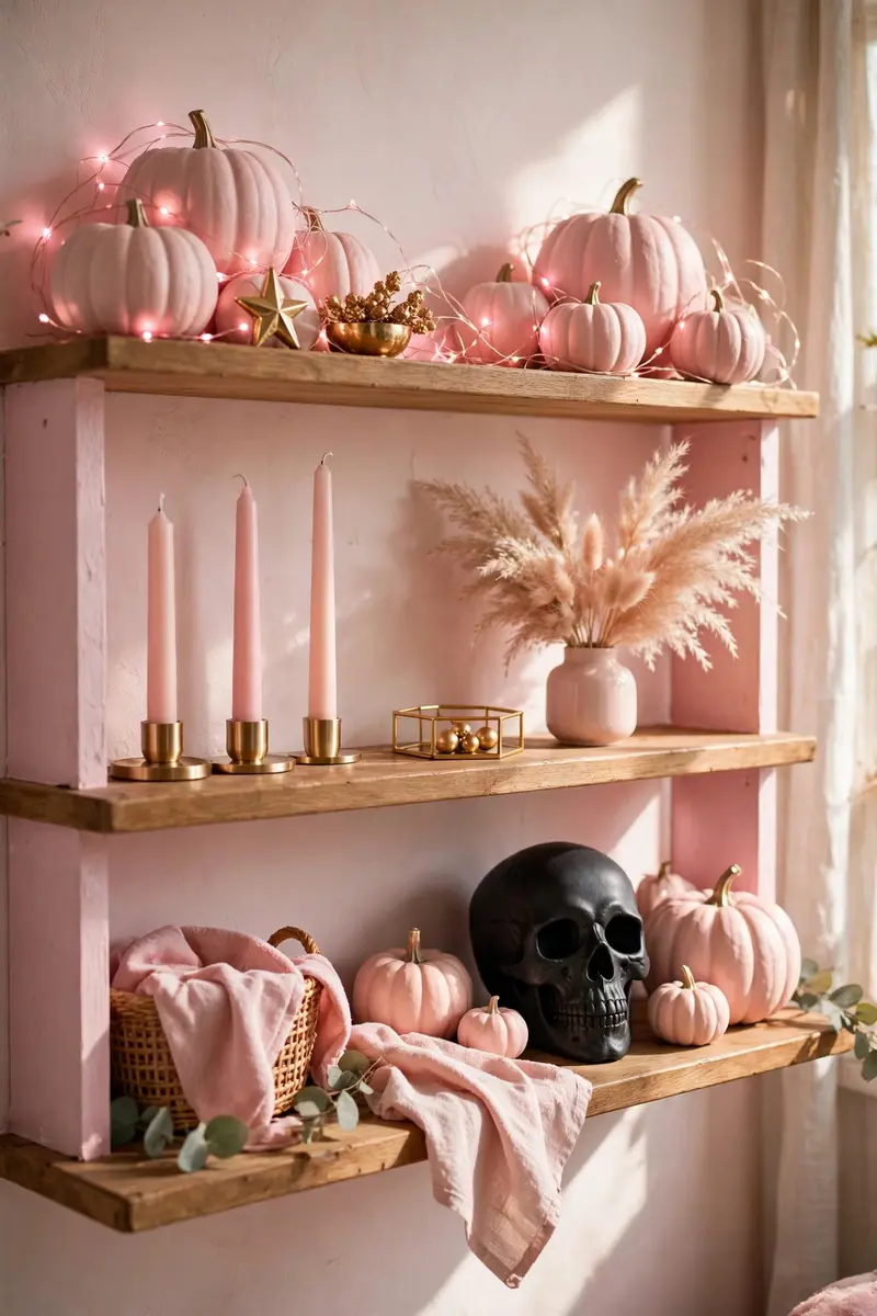 Halloween shelf decor idea 18: pink shelves decorated with pastel pumpkins