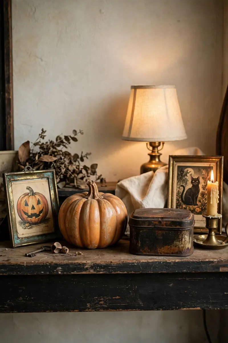 Halloween shelf decor idea 19: shelf with lamp, pumpkin artwork and fall decor