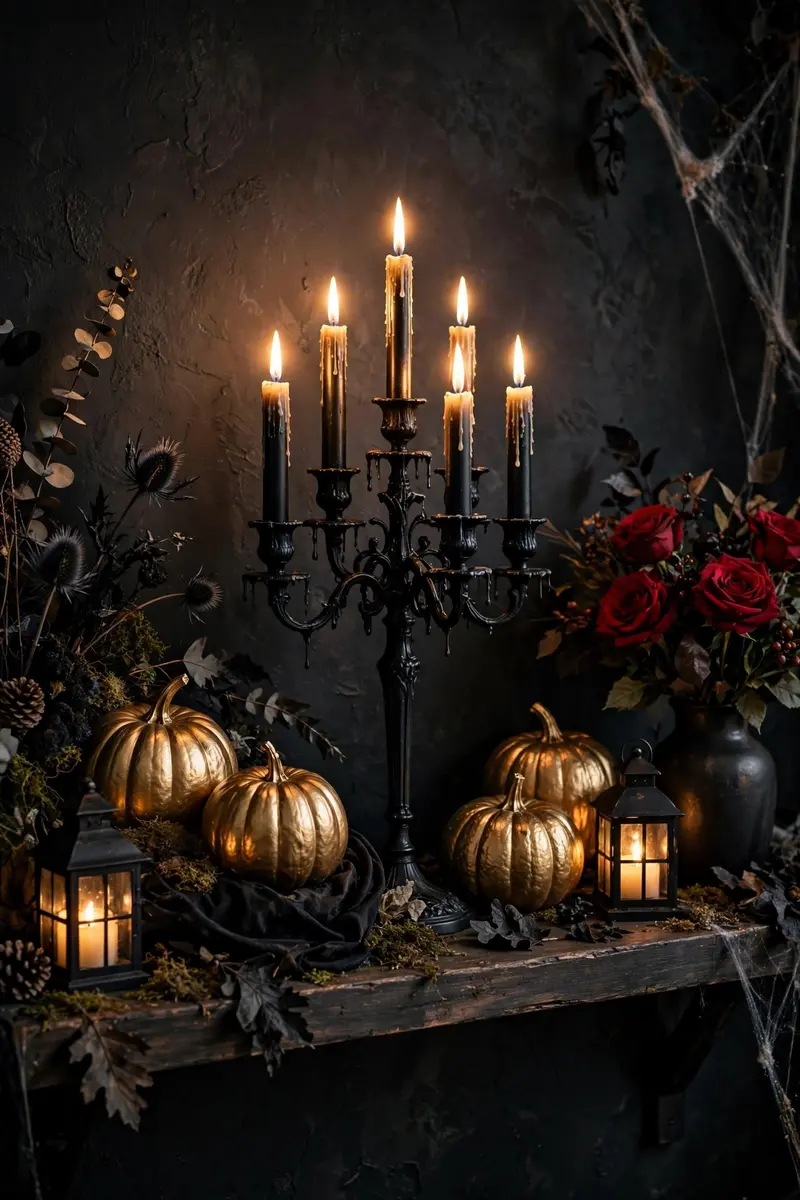 Halloween shelf decor idea 20: black candelabra with lit candles and pumpkins on a shelf