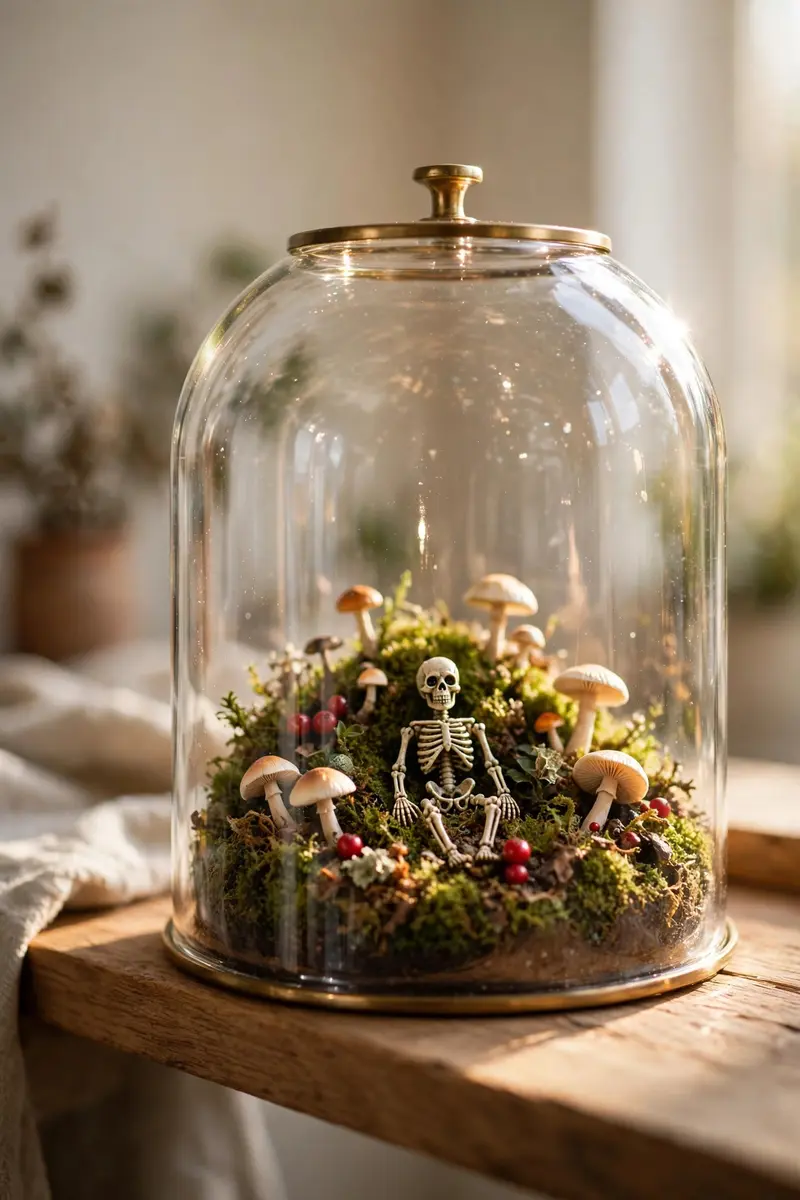 Halloween shelf decor idea 21: glass cloche terrarium with moss and mini pumpkins on a shelf