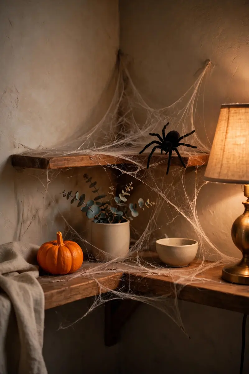 Halloween shelf decor idea 22: cozy shelf with lamp, spider decor and pumpkins