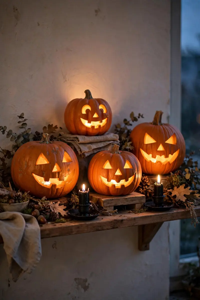 Halloween shelf decor idea 23: three glowing jack-o-lanterns on a shelf