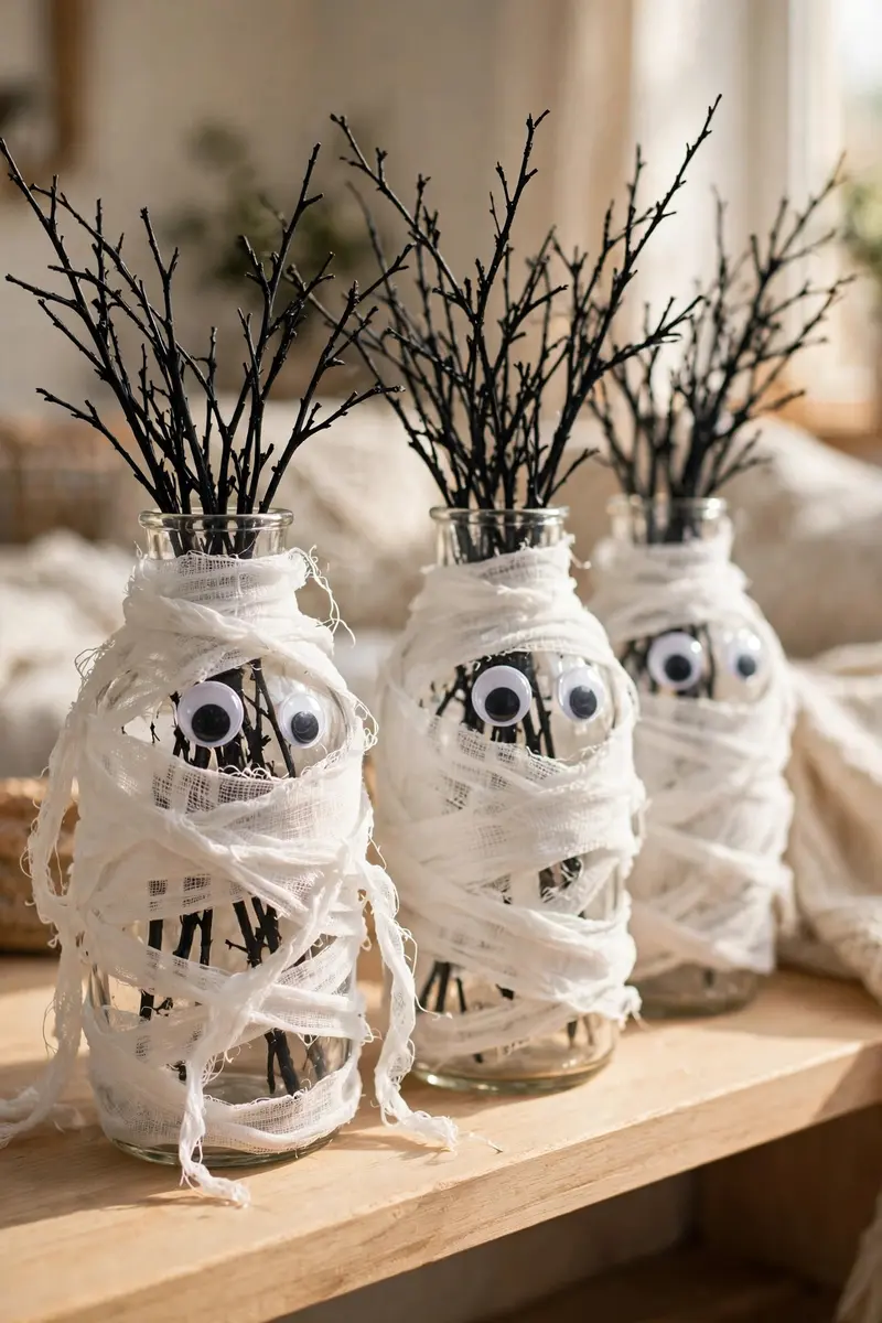 Halloween shelf decor idea 24: mummy-wrapped vases with black branches on a shelf