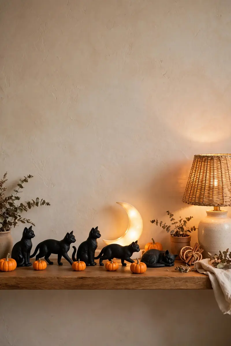 Halloween shelf decor idea 25: candlelit shelf with pumpkins and warm glow