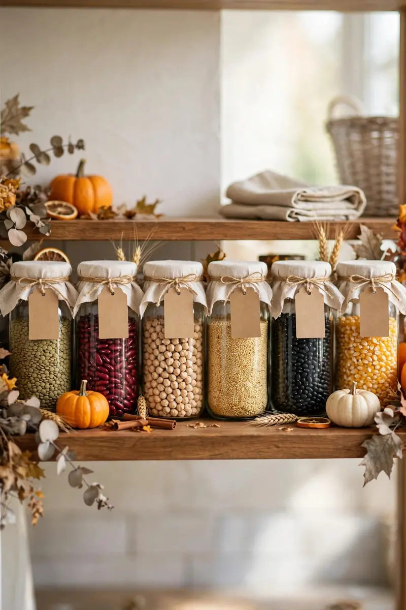 Halloween shelf decor idea 26: glass jars filled with candy corn and treats on a shelf