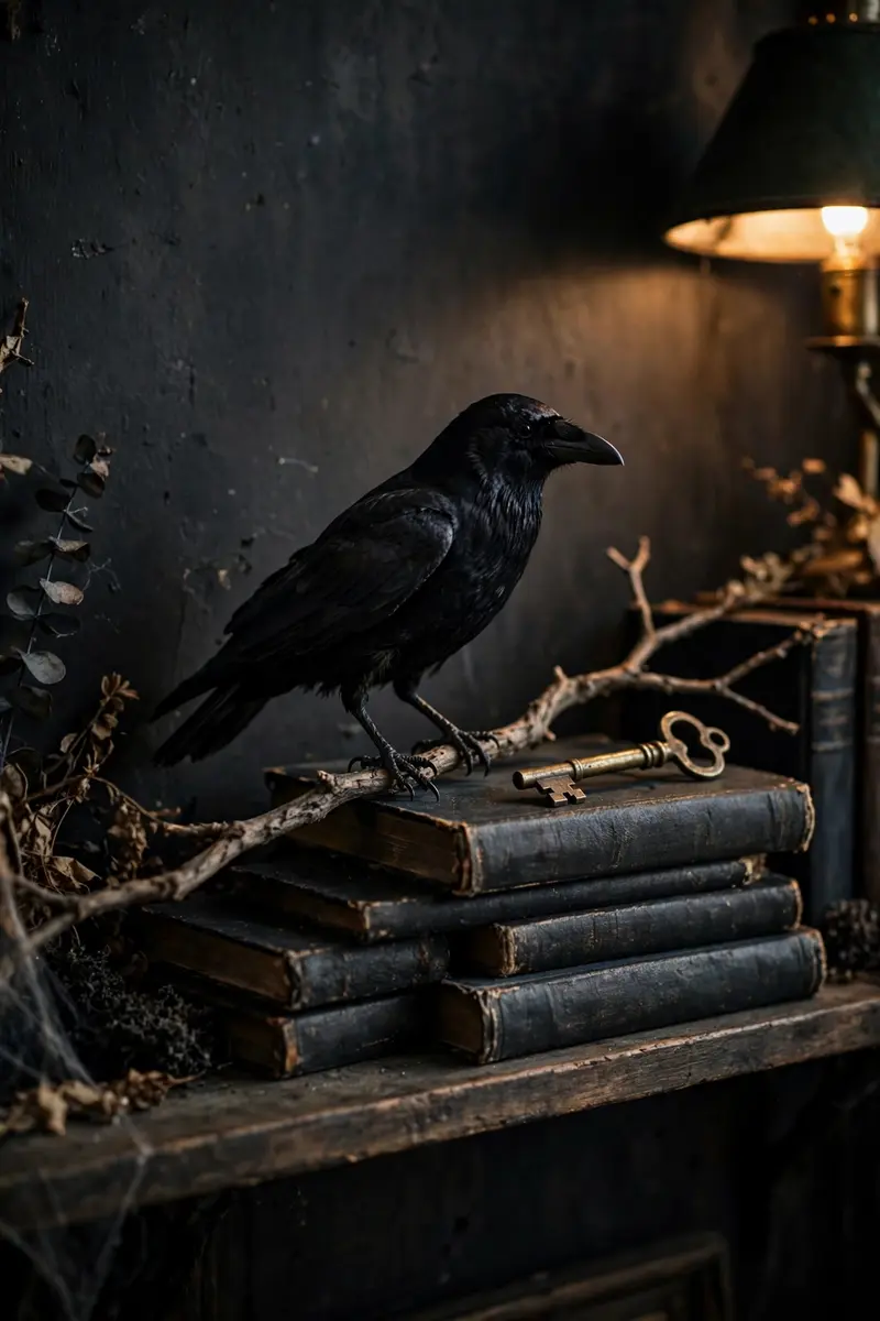 Halloween shelf decor idea 27: black raven perched on stacked books on a shelf