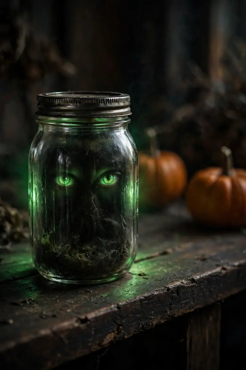 Halloween shelf decor idea 28: glowing green monster-face jar with pumpkins on a shelf