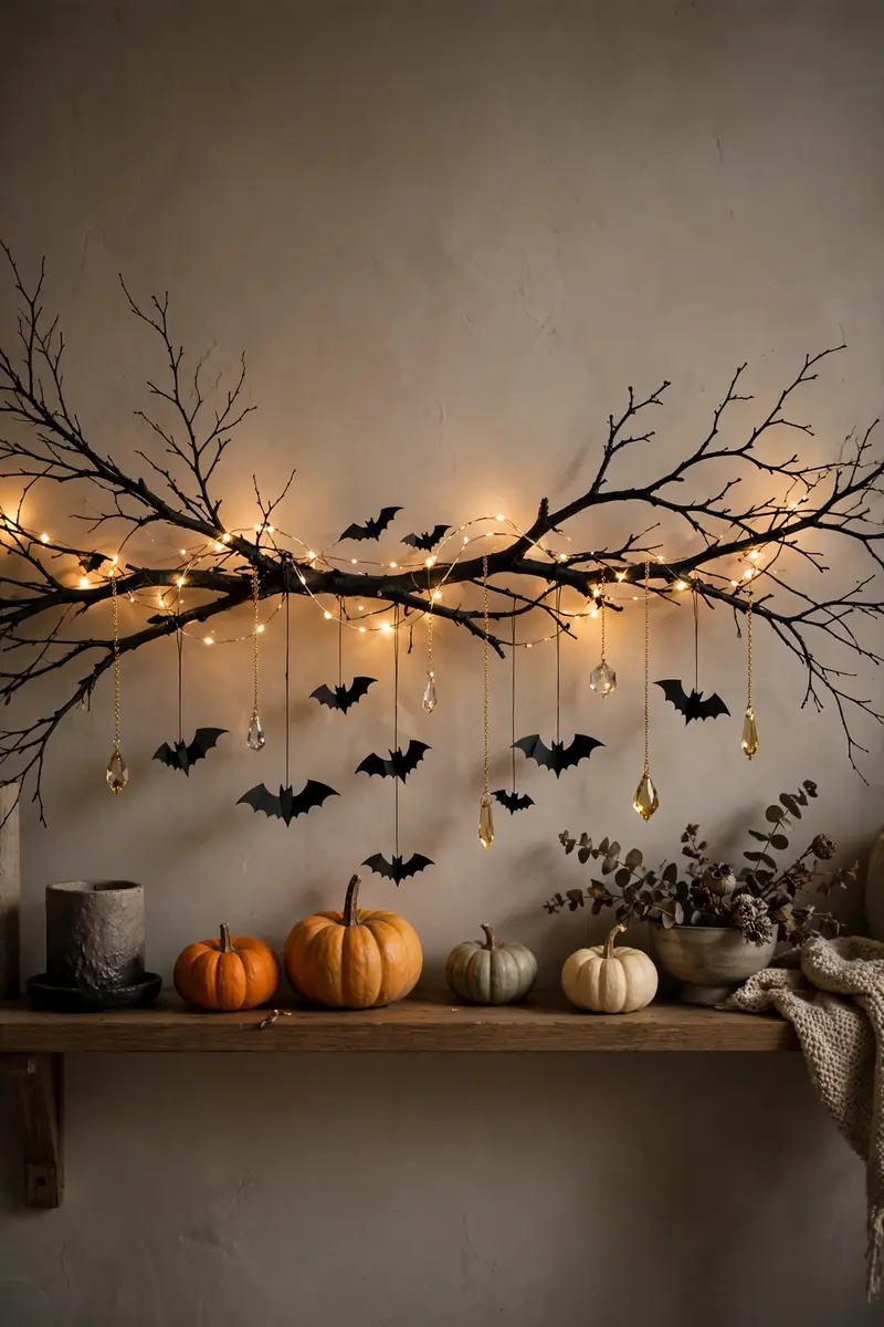 Halloween shelf decor idea 29: bare branch with bat string lights above a shelf