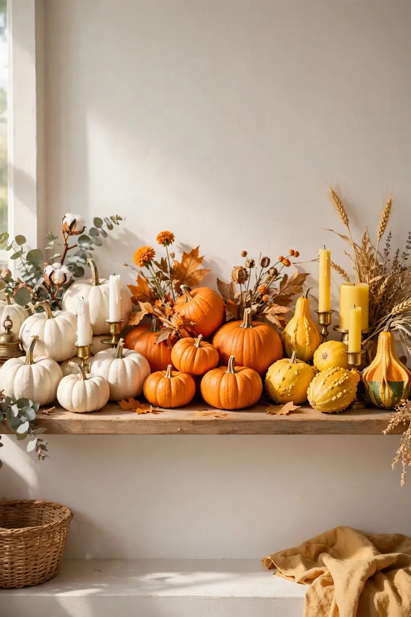 Halloween shelf decor idea 30: row of white and orange pumpkins on a shelf