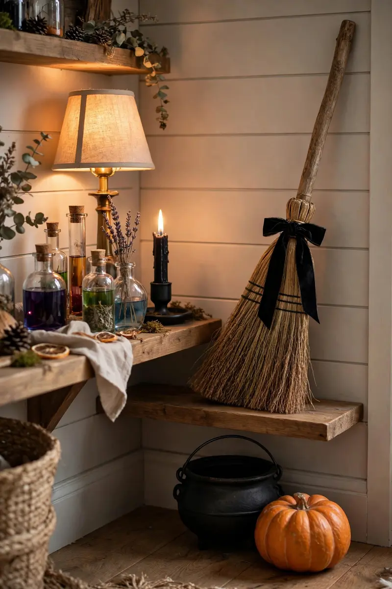 Halloween shelf decor idea 31: shelf with lamp, mini broom and candles