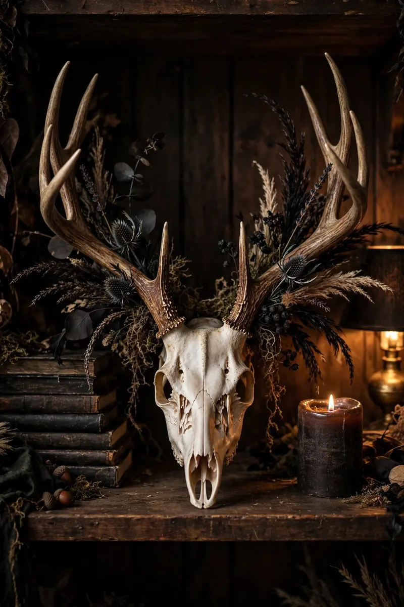 Halloween shelf decor idea 32: dark moody shelf with antlered skull