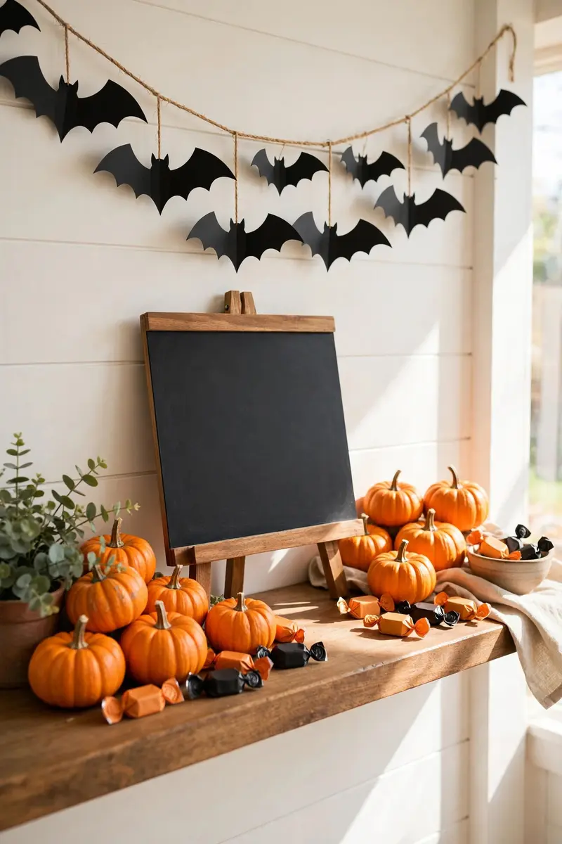 Halloween shelf decor idea 33: bat garland above a chalkboard with pumpkins on a shelf