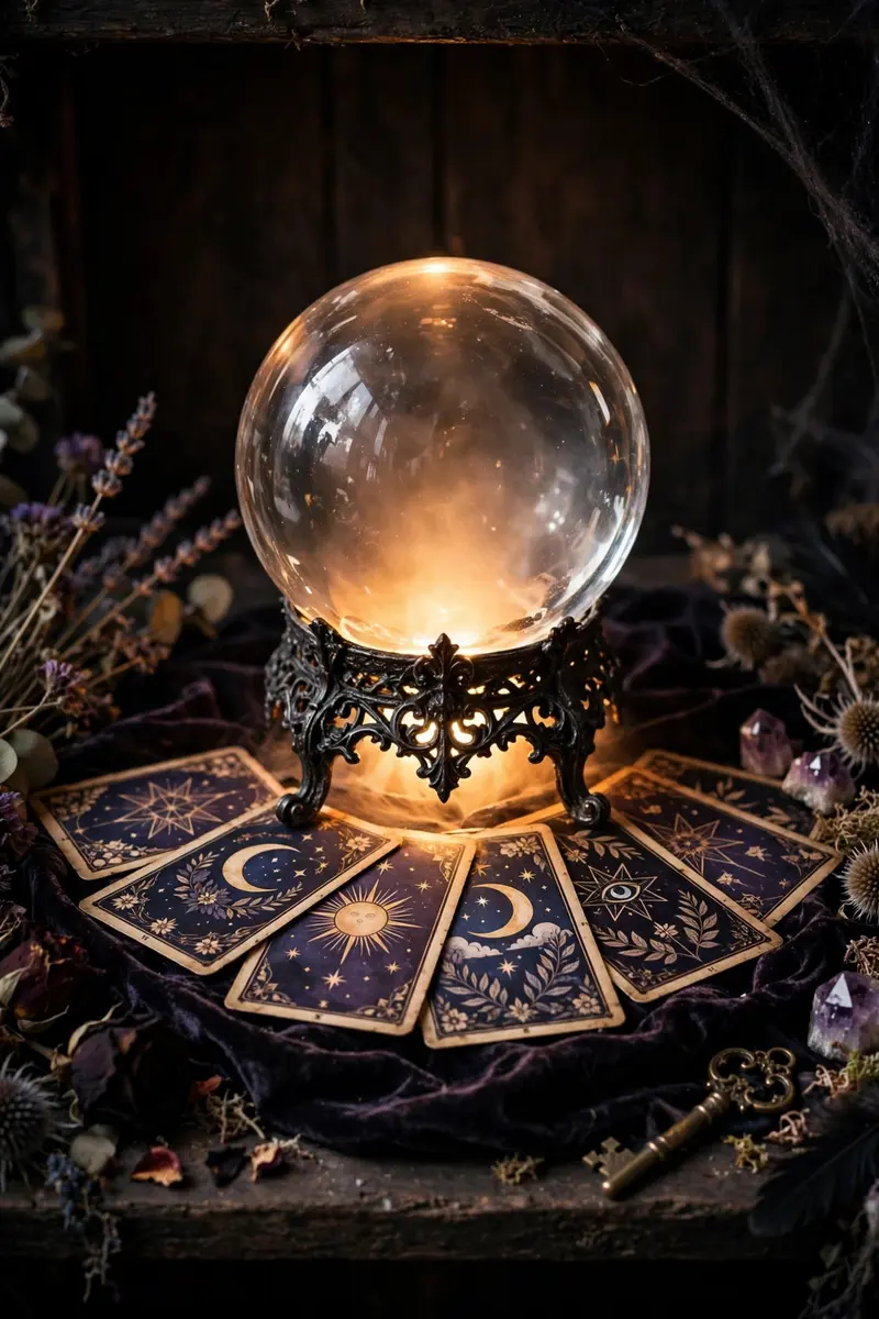 Halloween shelf decor idea 34: glowing crystal ball with pumpkin inside on a shelf