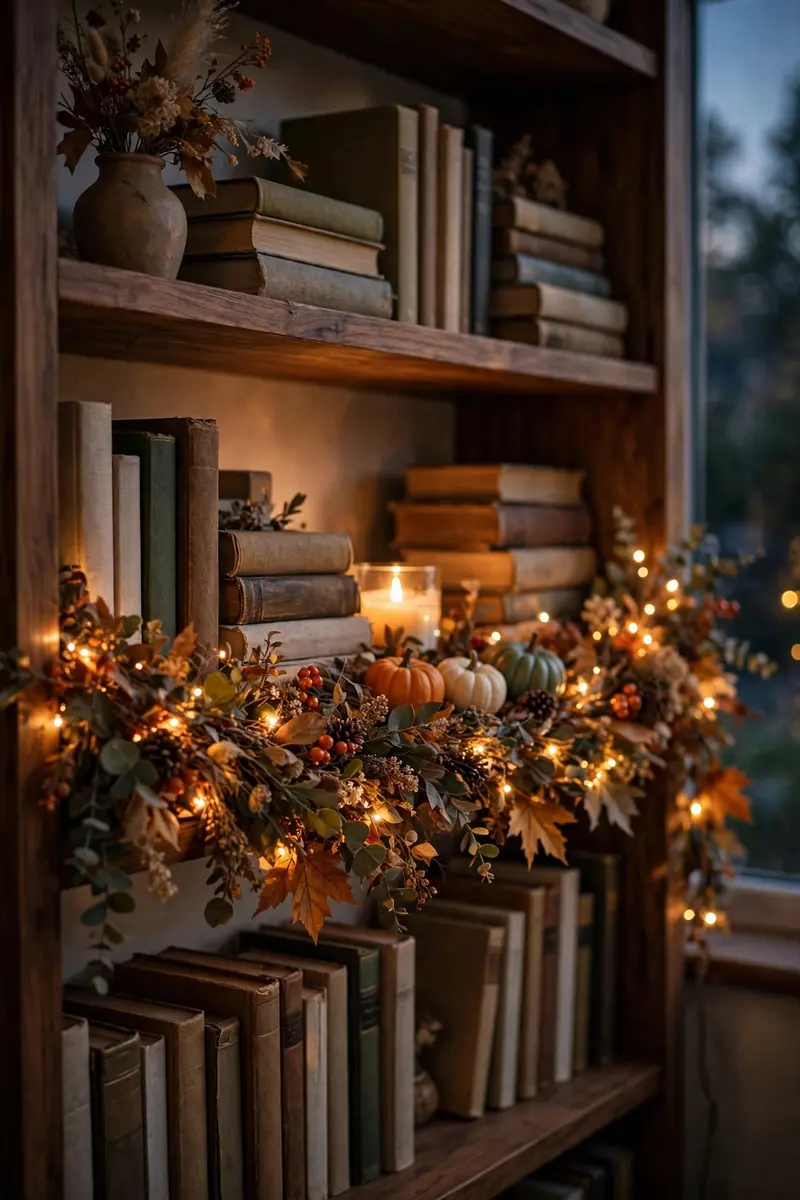 Halloween shelf decor idea 35: bookshelf wrapped in autumn leaf garland with pumpkins