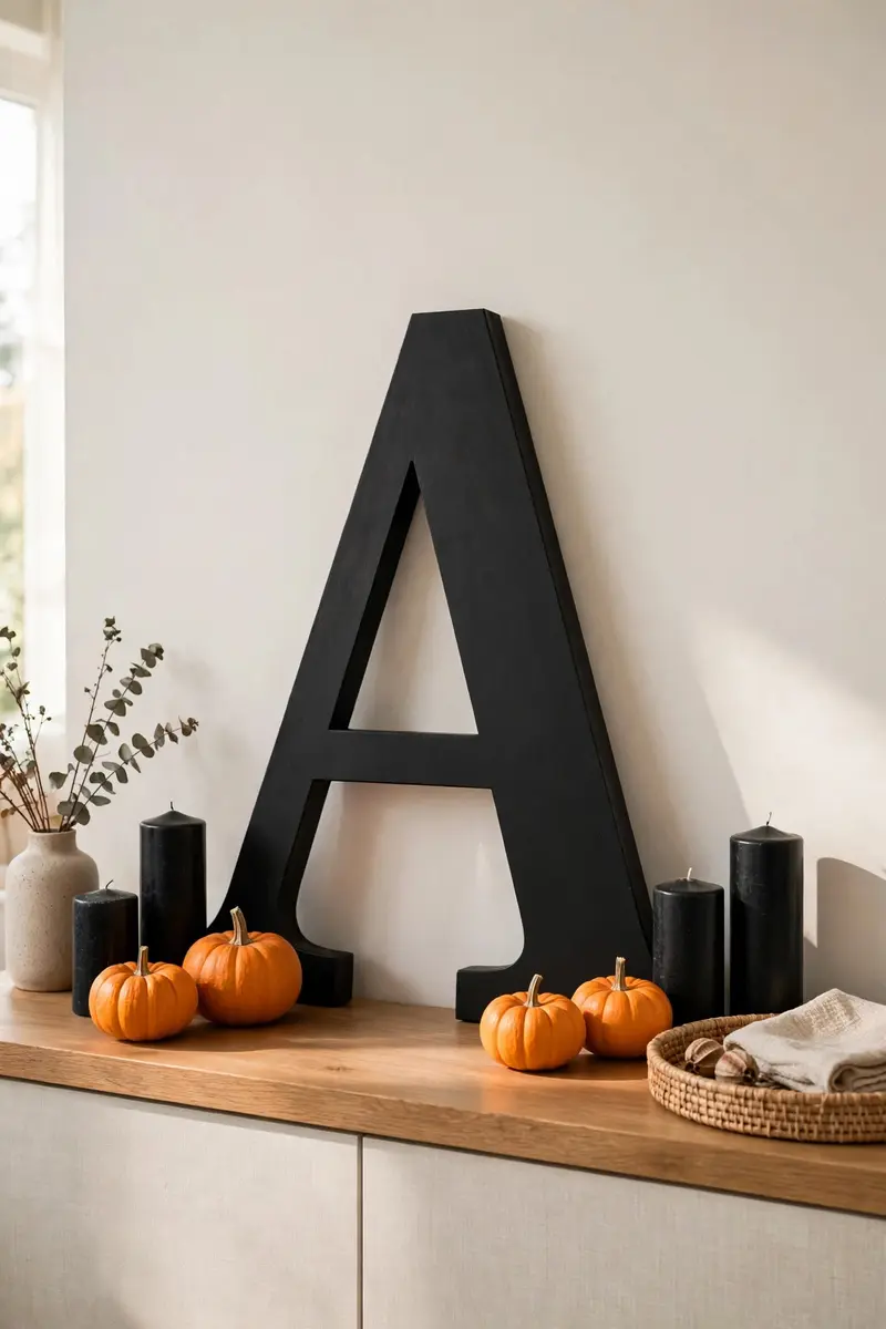 Halloween shelf decor idea 36: large black letter with mini pumpkins and black candles on a shelf