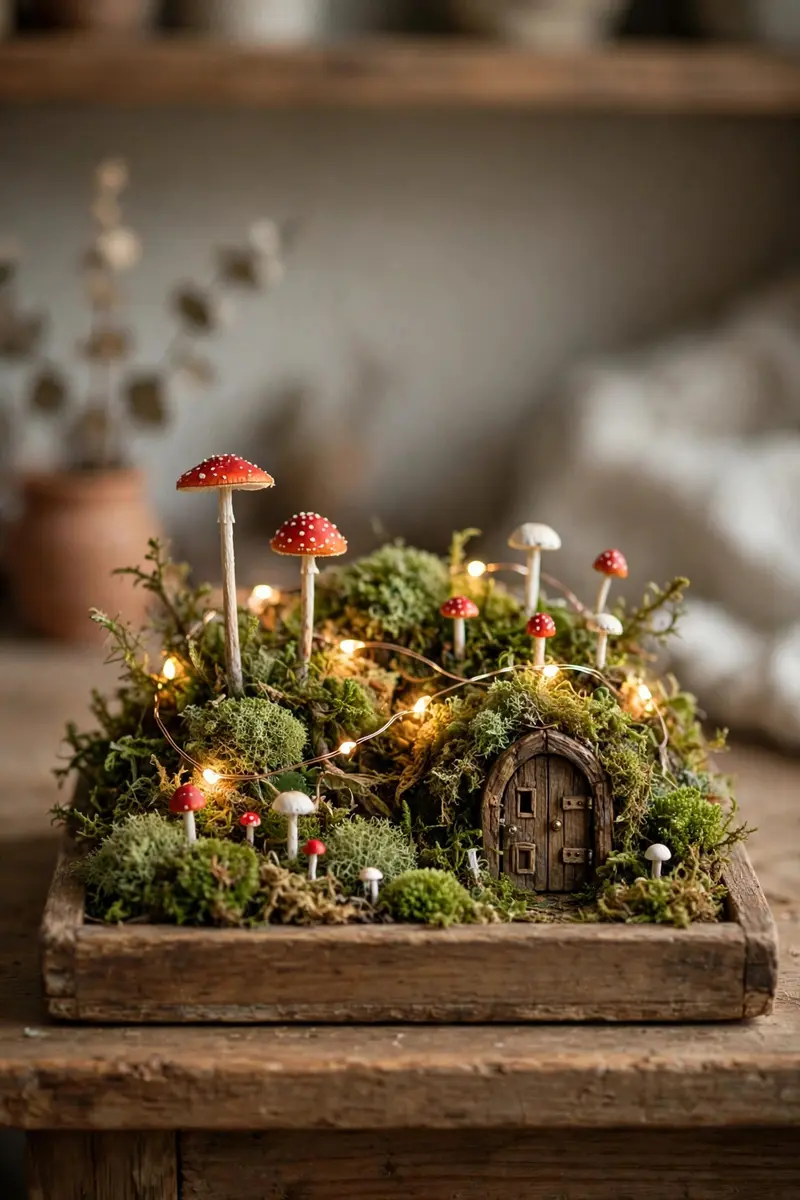 Halloween shelf decor idea 37: fall wreath with pumpkins and mushrooms above a shelf