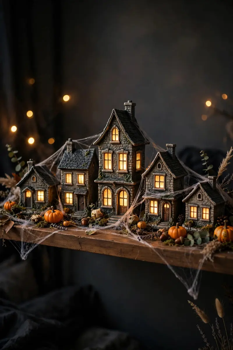 Halloween shelf decor idea 38: miniature haunted house glowing at night on a shelf