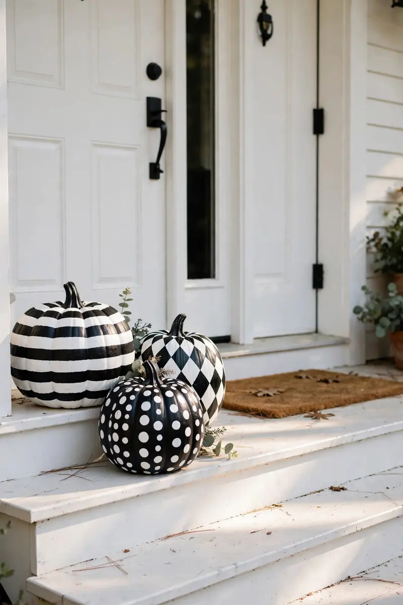 Black and white Halloween decor ideas — striped painted pumpkins on porch steps