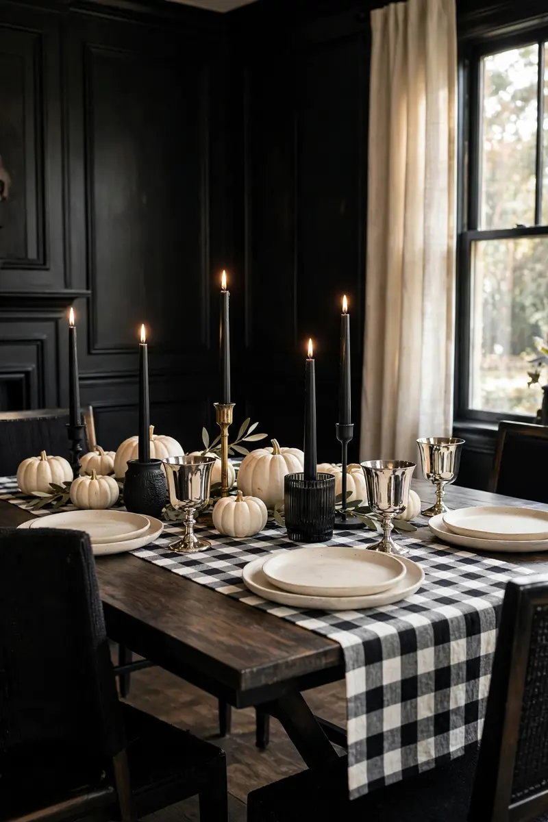 Black and white Halloween decor ideas — elegant tablescape with checkered runner and tapers