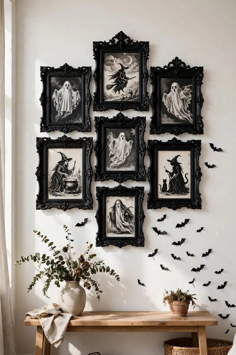 Vintage black-and-white Halloween gallery wall with ornate frames