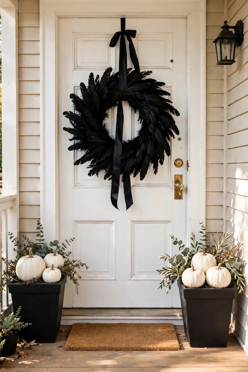 Black feather wreath on a white front door for Halloween