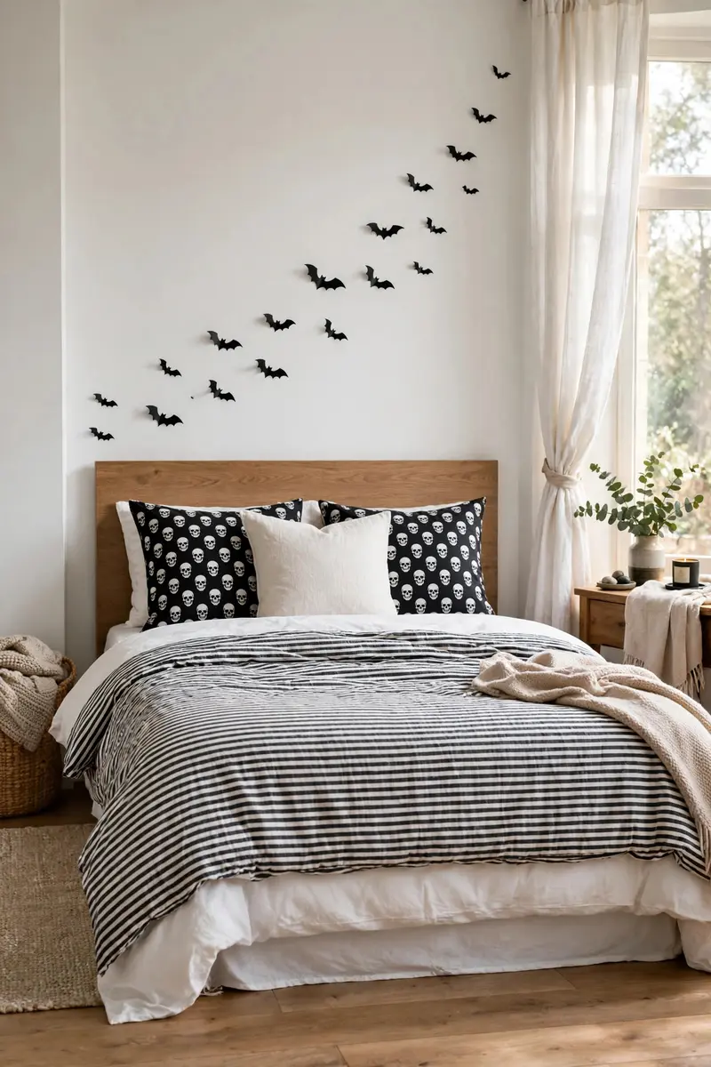 Bedroom with black and white Halloween bedding and bat wall decals