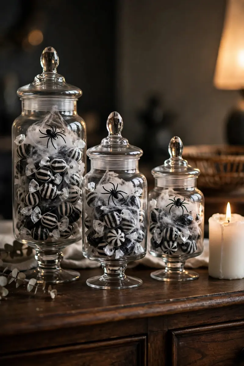 Glass apothecary jars with black-and-white Halloween treats on a sideboard