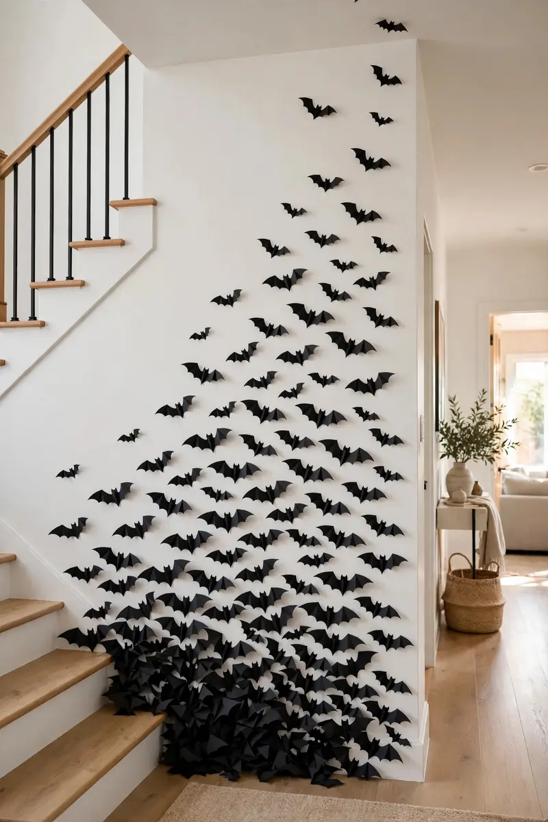 Black paper bats swarming up a white staircase wall