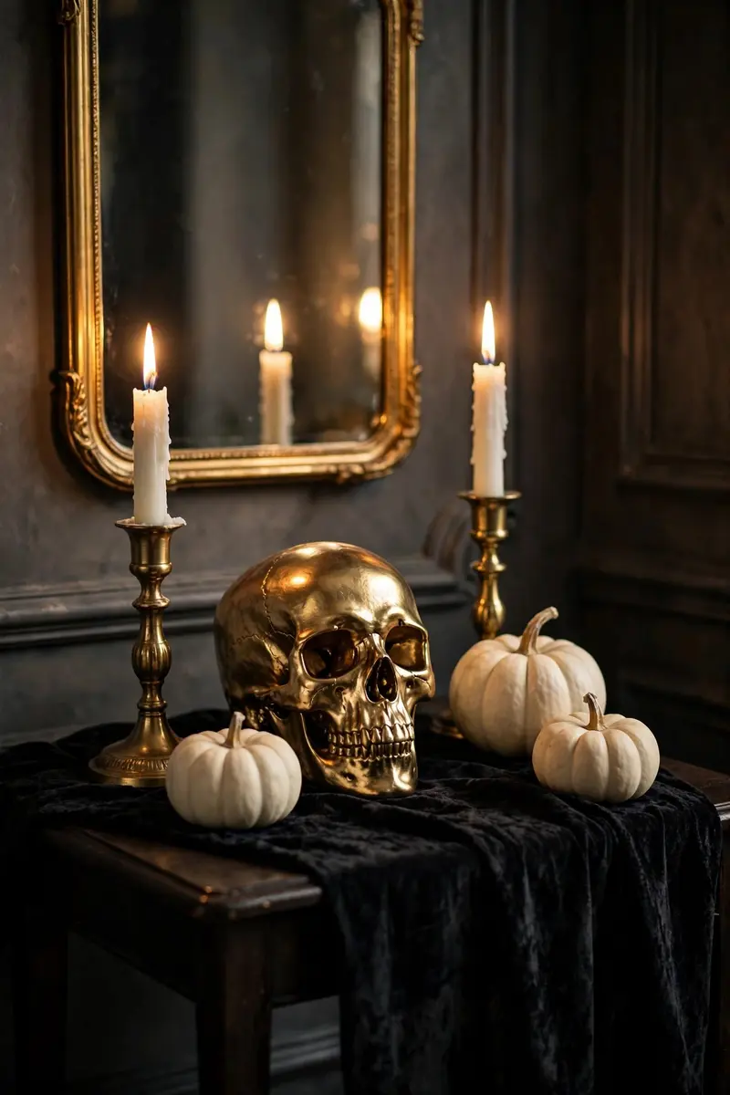 Gold skull and brass candlesticks with white pumpkins for Halloween