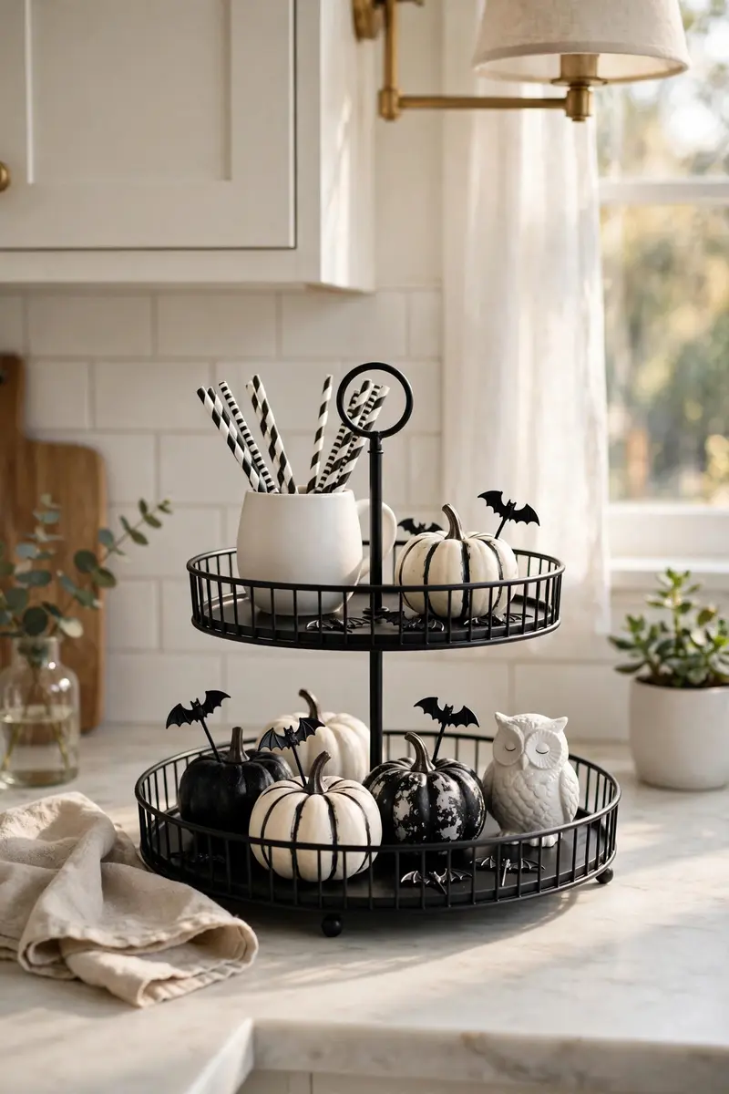 Tiered tray with mini black-and-white pumpkins in a Halloween kitchen
