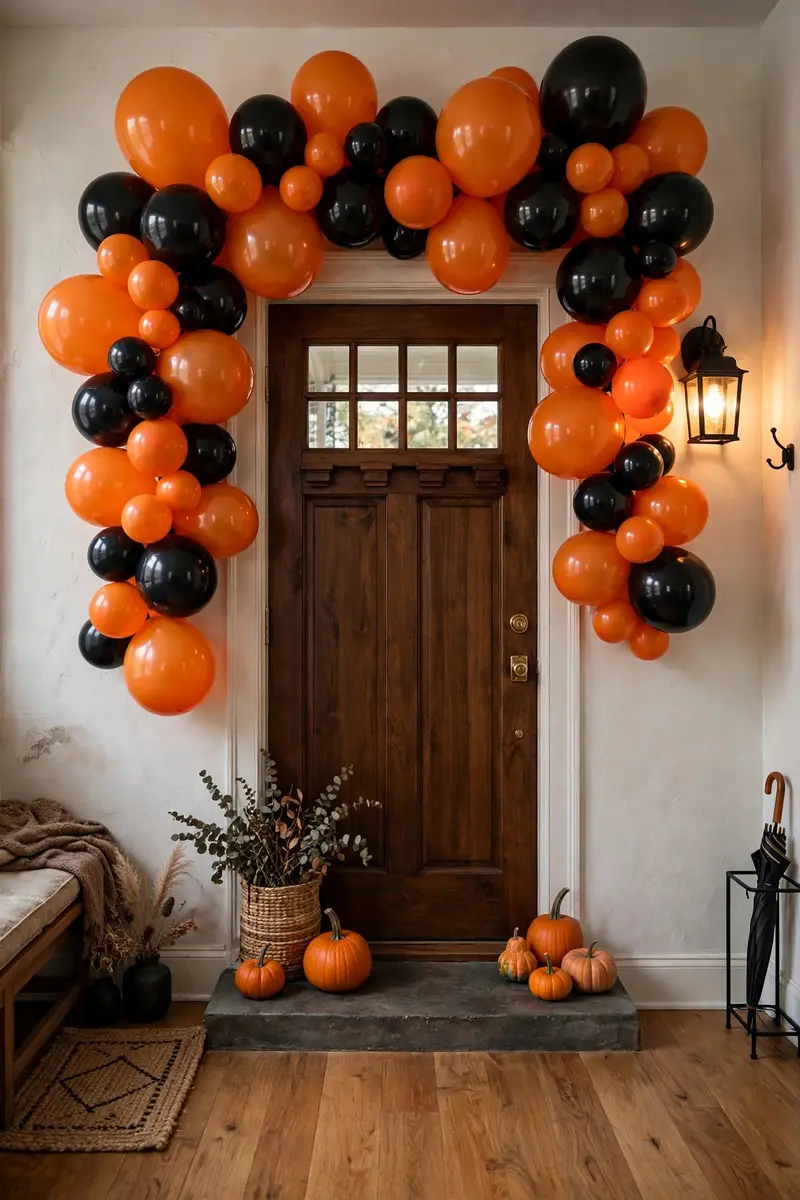 Halloween balloon garland ideas for entryway — orange and black balloon arch over front door with pumpkins