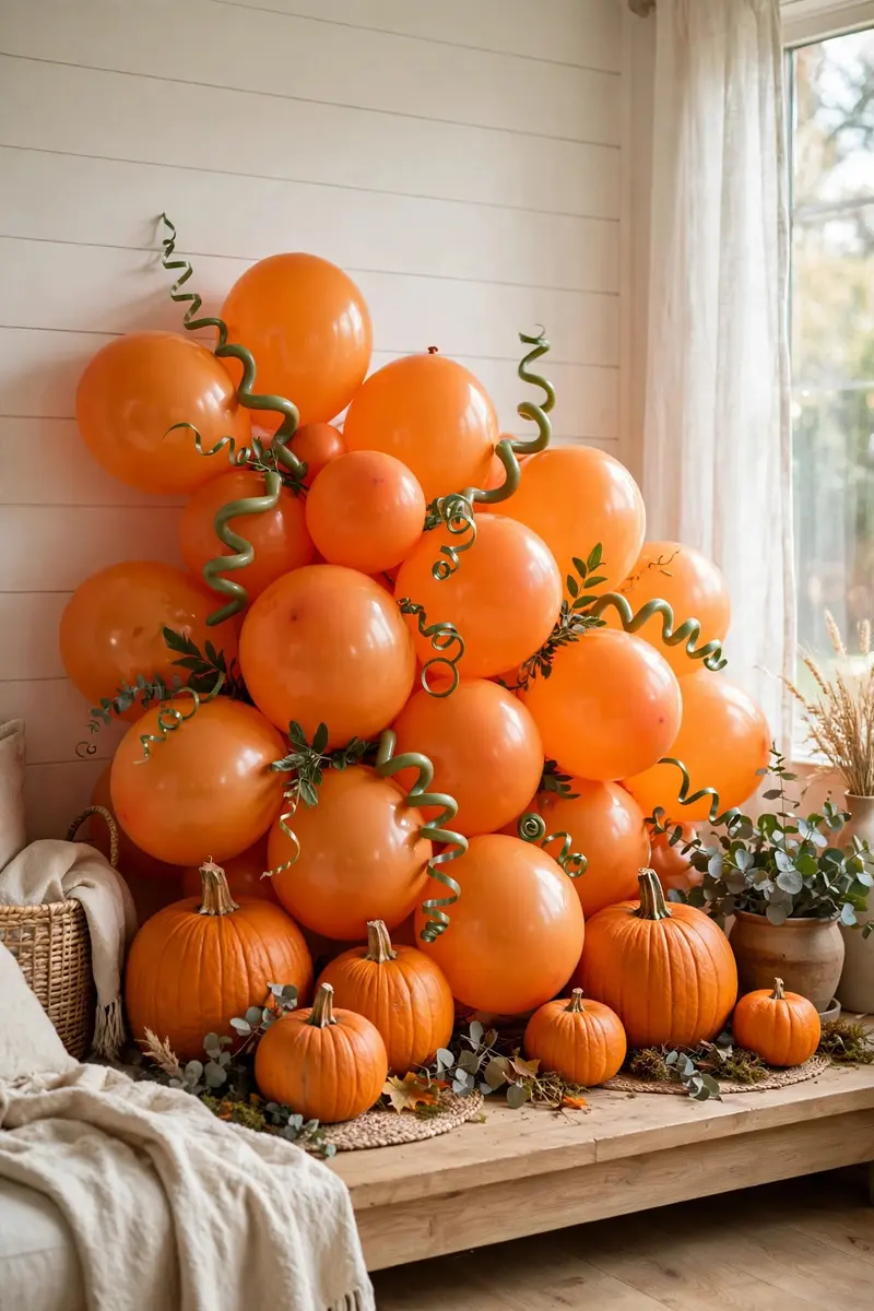 Halloween balloon garland ideas pumpkin patch — orange balloons with green vine ribbon and pumpkins