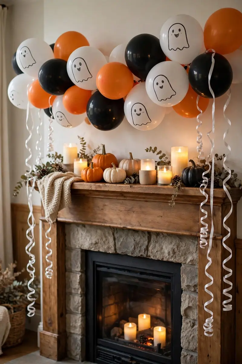 Halloween balloon garland ideas ghost cluster — white ghost-face balloons on fireplace mantel