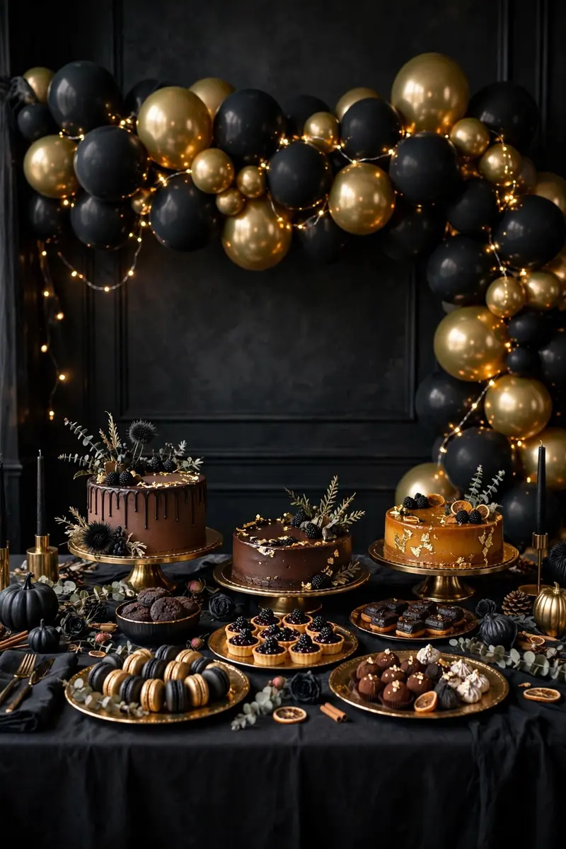 Black and gold chrome balloon garland over Halloween dessert table