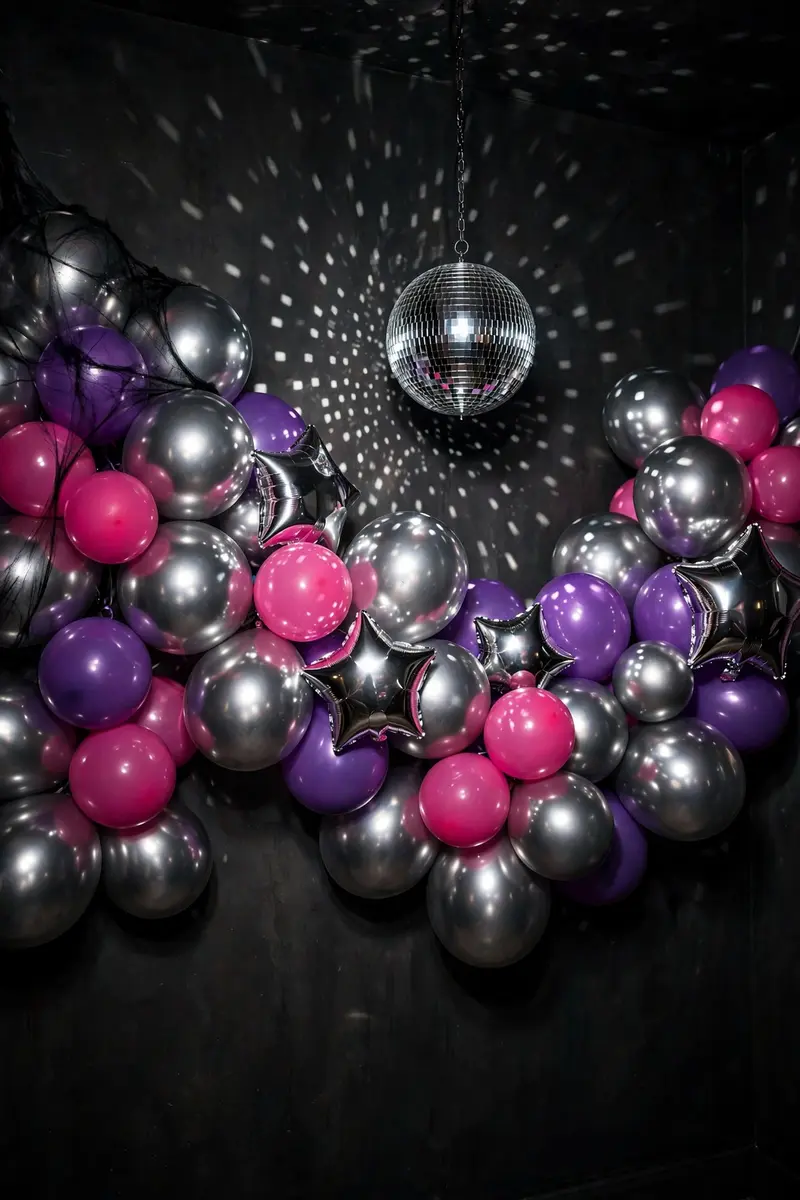 Silver disco chrome balloon garland with hot pink balloons and disco ball