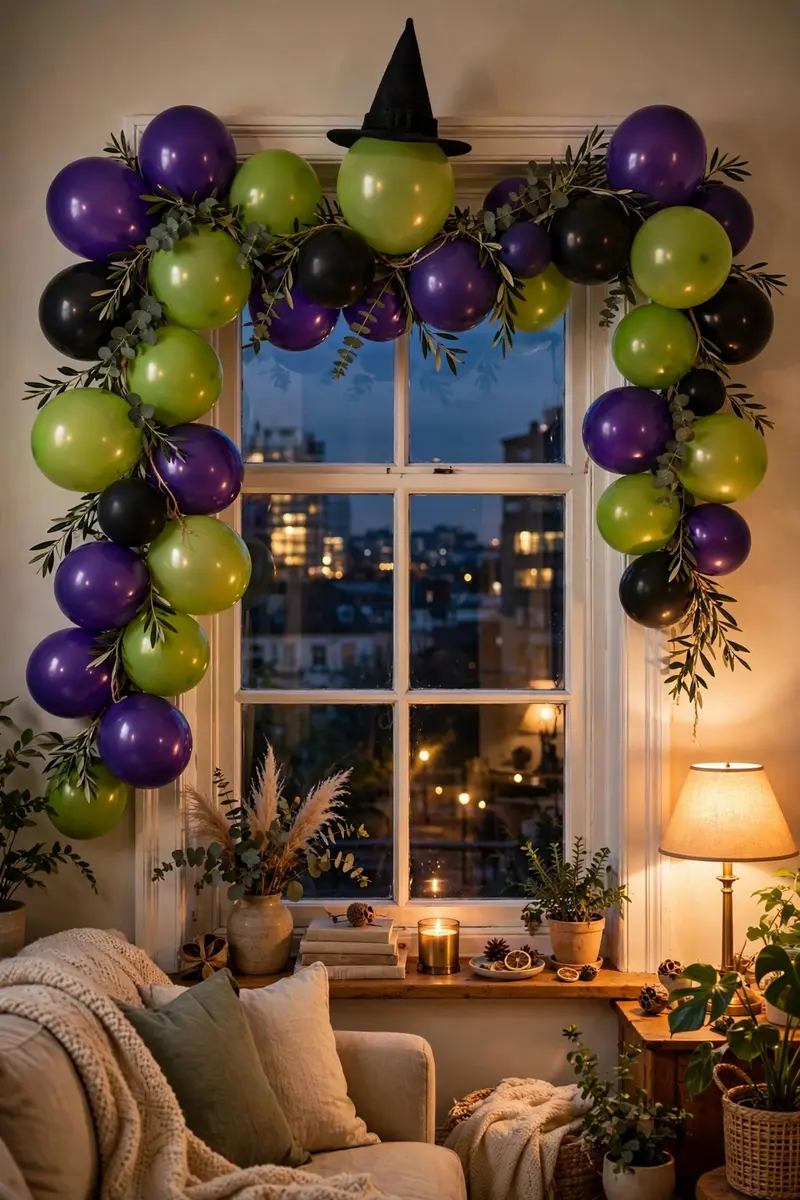 Purple and green witchy balloon garland around window with witch hat